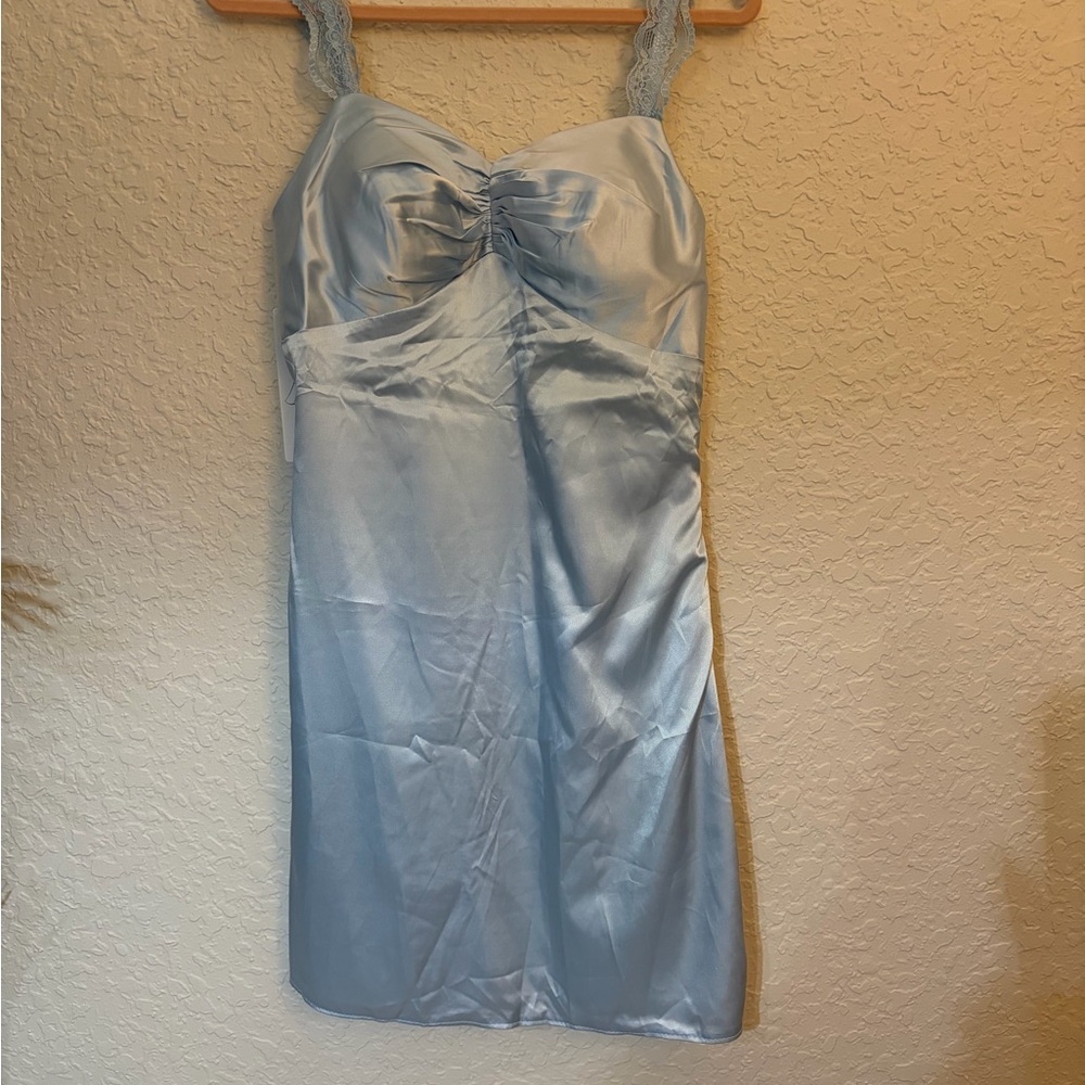 Elegant Light Blue Satin Prom Dress with Lace Straps